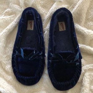 blue velvet moccasins
